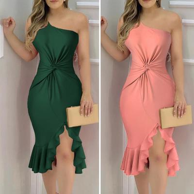 Bodycon Dress Slit Irregular Hem Ruffled-hem Twisted Waist One Shoulder Sleeveless Women Leaky Back Mid-length Wrap Hip Dress Party Supplies