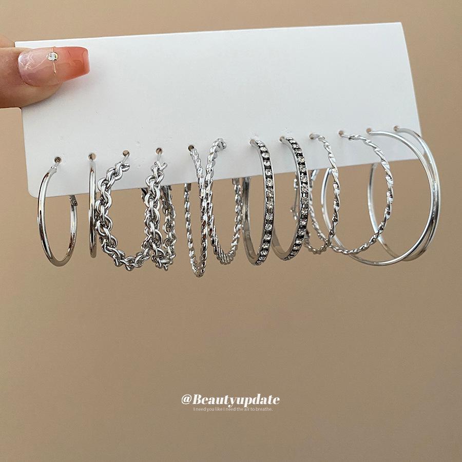 Twelve-Piece Silver Needle Diamond-Set Geometric Circular Hoop Earrings - Cool, Individual, Minimalist, High-End Niche Style