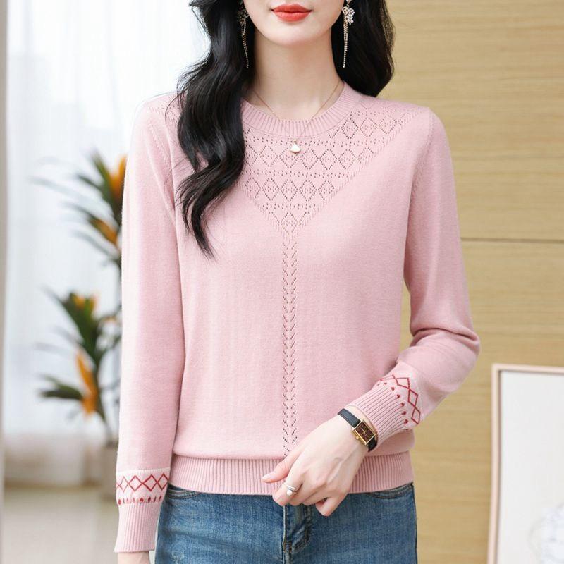 Thin Knitted Sweater Women's Spring Pullover Loose Version Fashion Mother Temperament Hollow Round Neck Long Sleeve Top Women's Front Shoulder