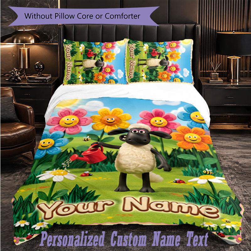 Personalized 3Pcs Bedding SetShaun the Sheep Custom Text Duvet Cover Pillowcase Set Bedroom Gift