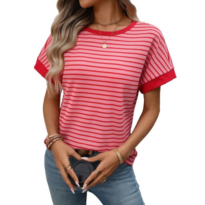 

Summer Striped T-shirt Women Casual Round Neck Splicing Short Sleeve Top Casual Elegant Fashion Simple Blouse Sweet Shirts S темно-розовый