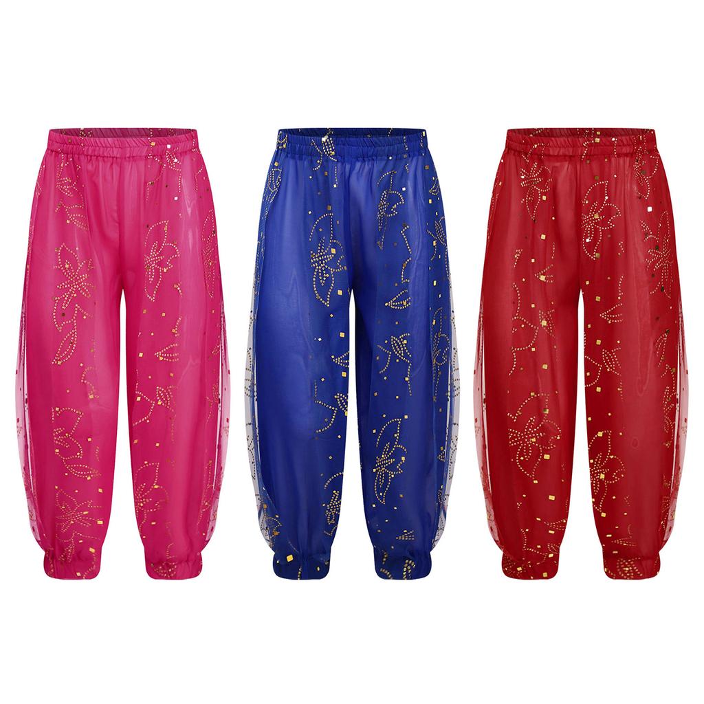 Girls Shiny Floral Print Bloomers Elastic Waist Dance Pants Stage Performance Halloween Costume