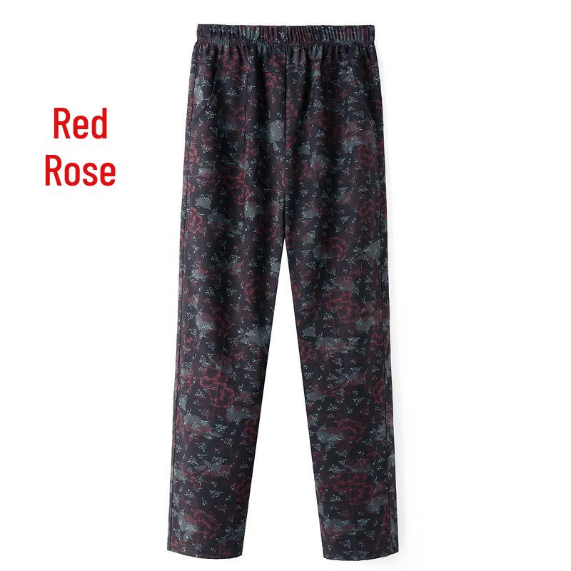 Women's Fleece-Lined Pants, Loose Straight Leg for Middle-Aged/Elderly, Patterned Plus Size, Mom's Style, Fit for All Seasons (Spring, Autumn, Winter)