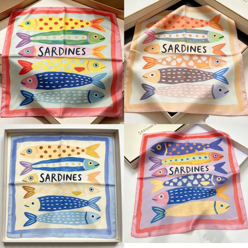 Womens Silk-Like Square Scarf With Polka Dot Fish Print Lightweight Fashion Accessory Outfits