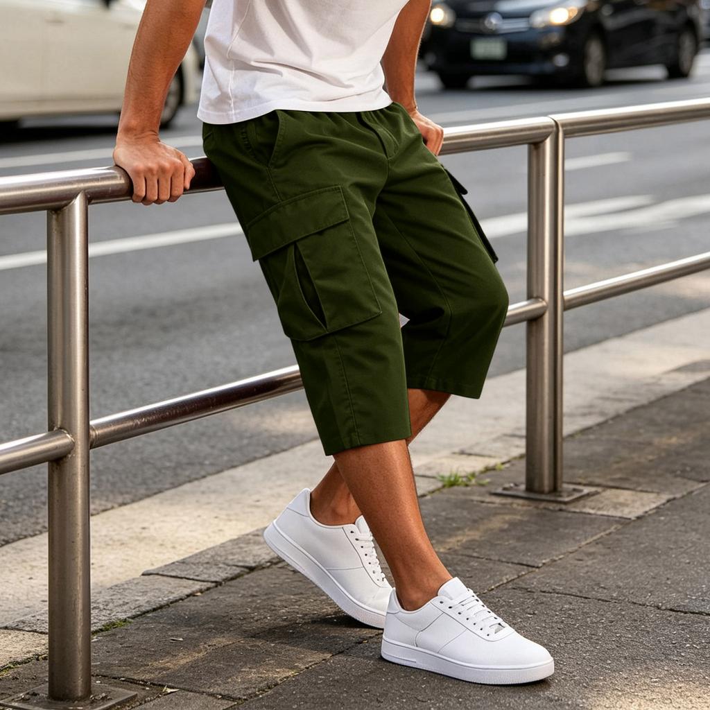 Men's Solid Color Button Closure Elastic Waist Cargo Capri Pants with Six Pockets Workwear Style Casual Fit
