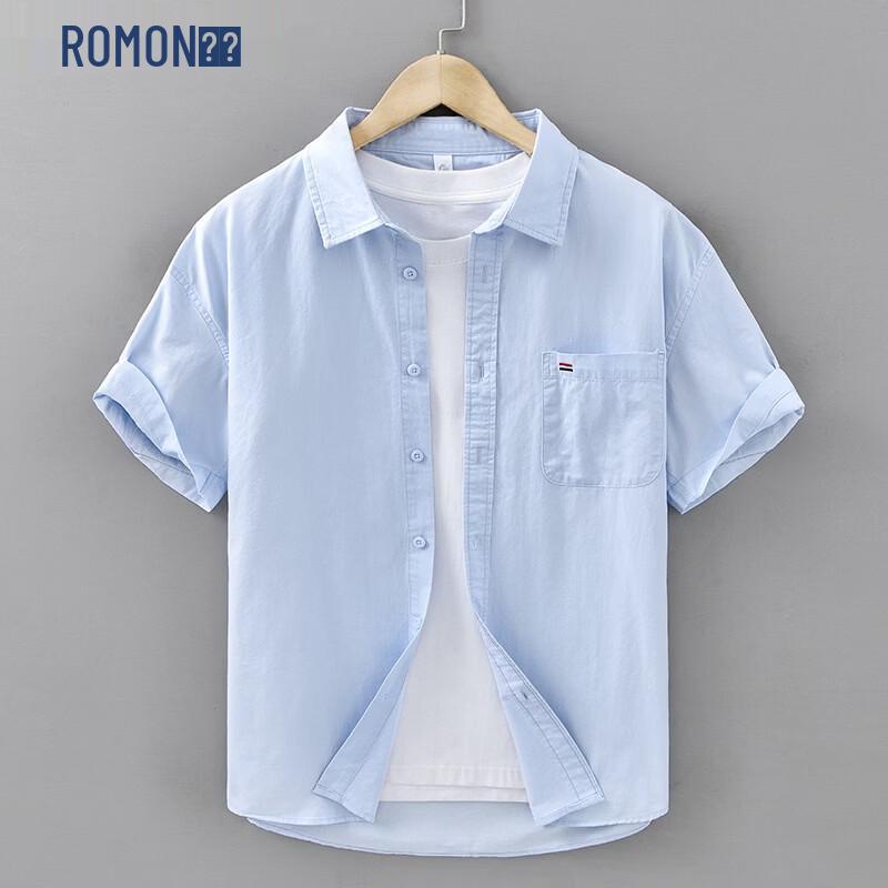 ROMON Men's Solid Color Pure Cotton Short Sleeve Shirt