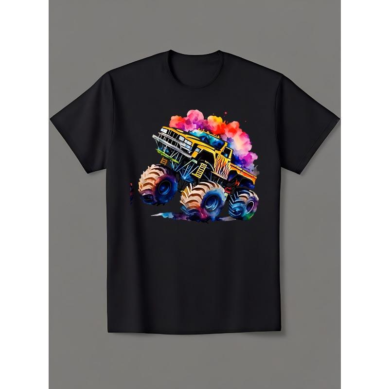 European sizes This Is A Monster Truck with Vibrant Watercolor Background Theme Design 100 Percent Pure Cotton T Shirt Casual Streetwear Style