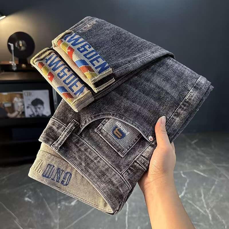 

Чоловічі плюшеві товсті/звичайні брендові стрейч-джинси з принтом Four Seasons, модні багатоцільові димчасті сірі штани з принтом Nine Cent 38