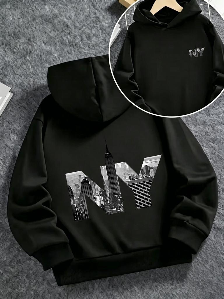 Herbst/Winter Kinder Kapuzenpullover mit NY City Architektur Druck, Jungen und Mädchen Pullover Top im amerikanischen Retro Trend-Look