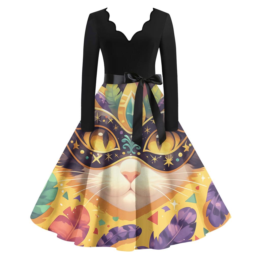 Women's Casual Fashion V Neck Long Sleeve Printed Vintage Long Dress