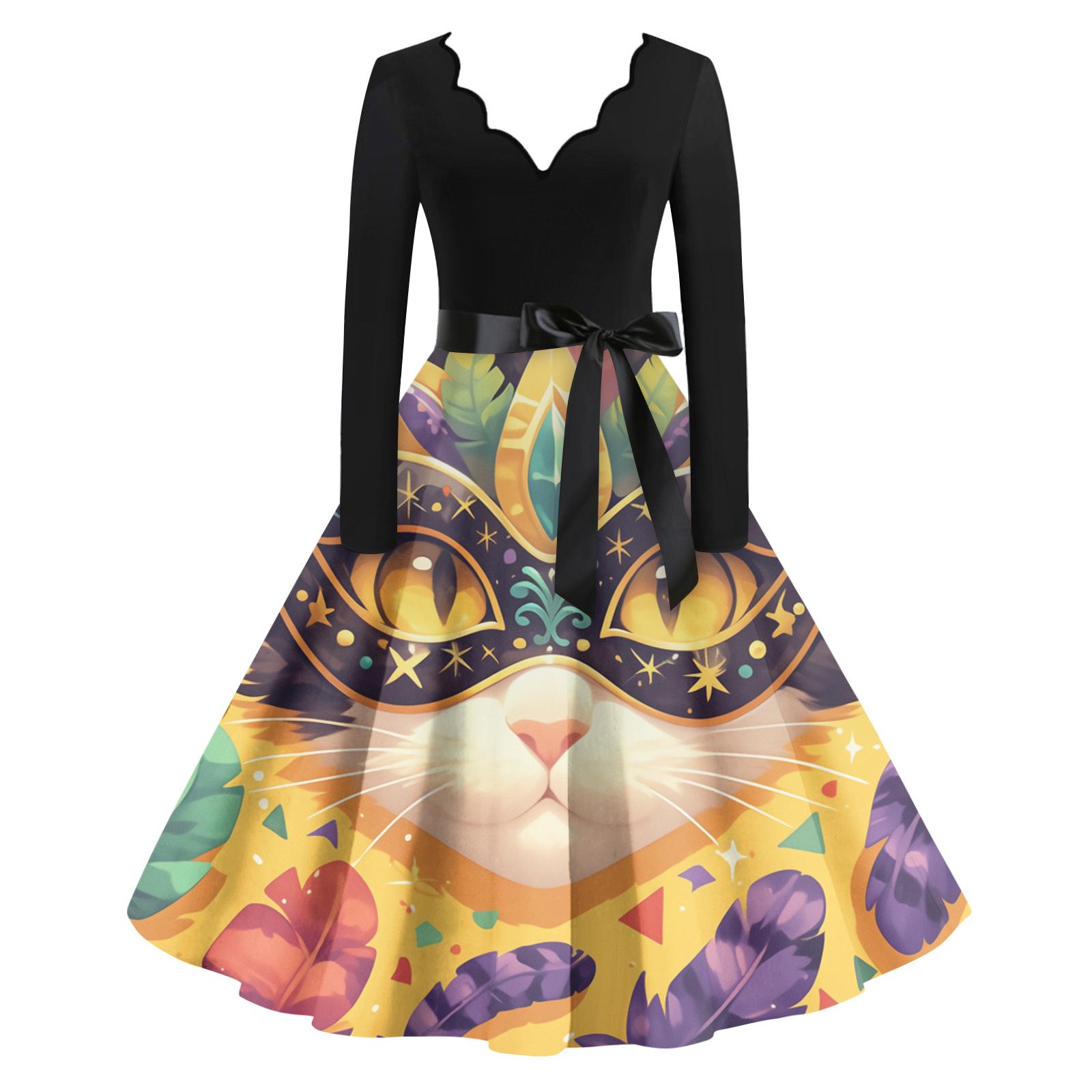 

Женское повседневное модное платье с V-образным вырезом и длинным рукавом с принтом в винтажном стиле XL