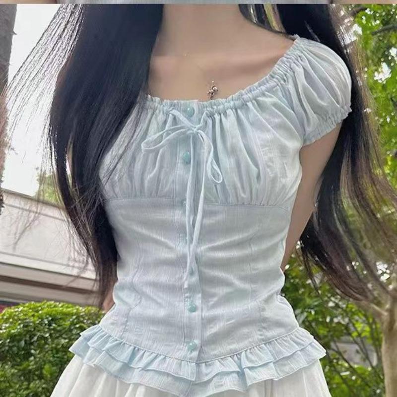Süße Patchwork Rüschen Zweiteiler Sets Damen Square Neck Tops + A-Linie Plissee Röcke Weibliche Kawaii Volant Streetwear Party Strandanzüge