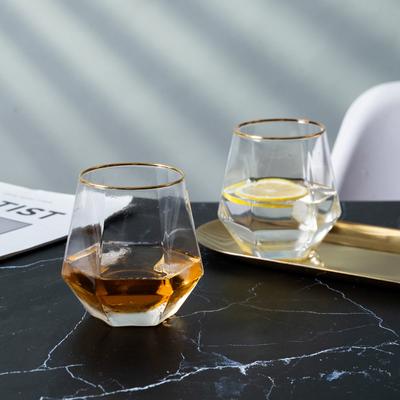 European Style Gold Edged Plastic Hexagonal Household Transparent Whiskey Glass Hexagonal Foreign Wine Glass