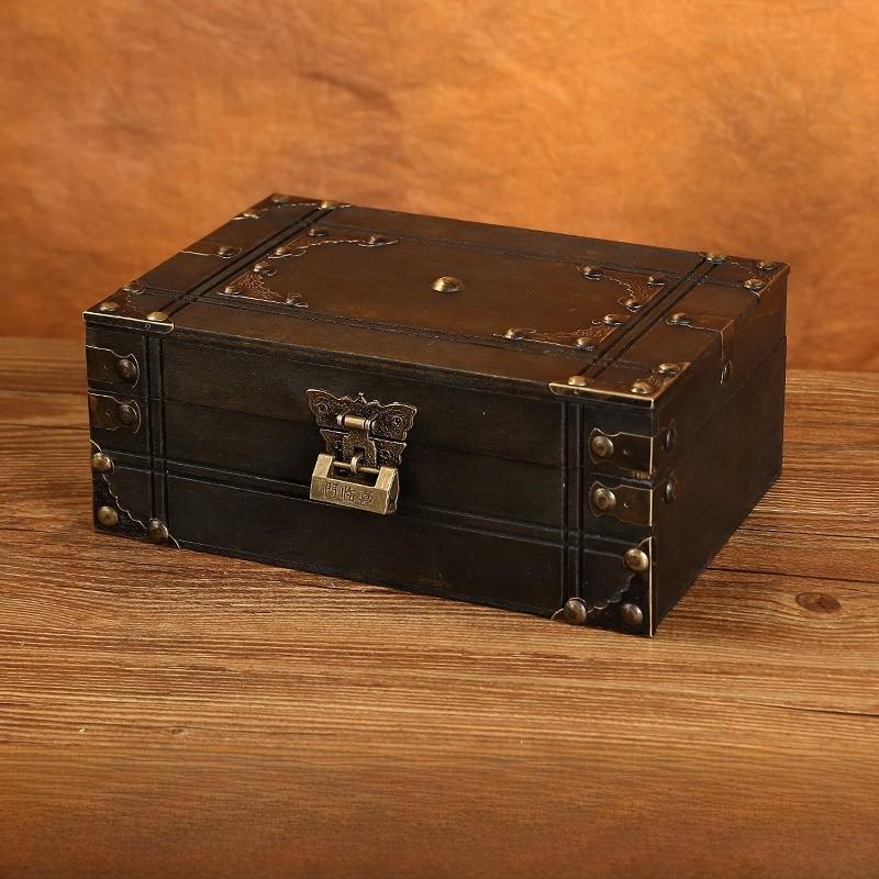 Vintage Chinese Style Wooden Square Storage Box With Lock For Desk Organizer