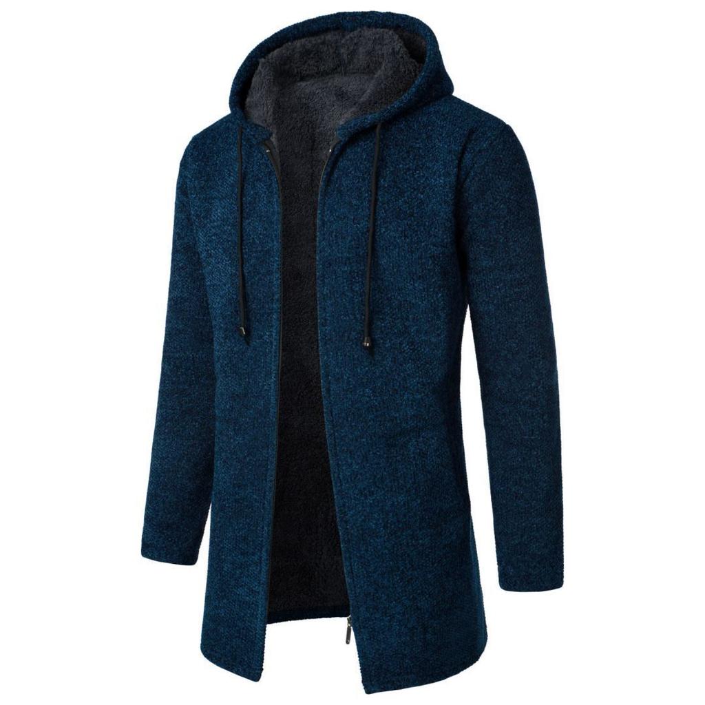 Veste pull tricotée à capuche longue en polaire de couleur unie pour hommes