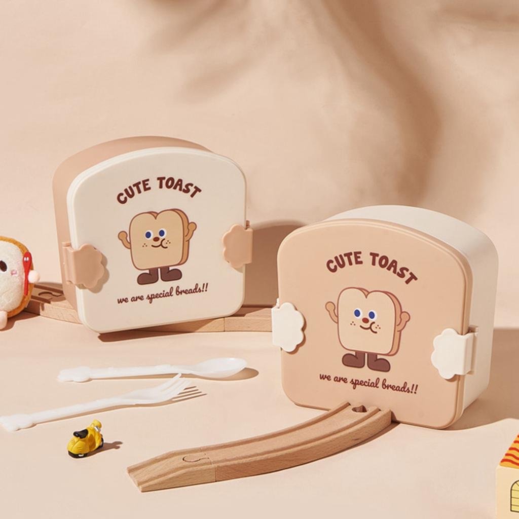 Children Bento Box Cartoon Look Divider Food Container School Portable Lunch Storage Box Khaki Toast Pattern Lid
