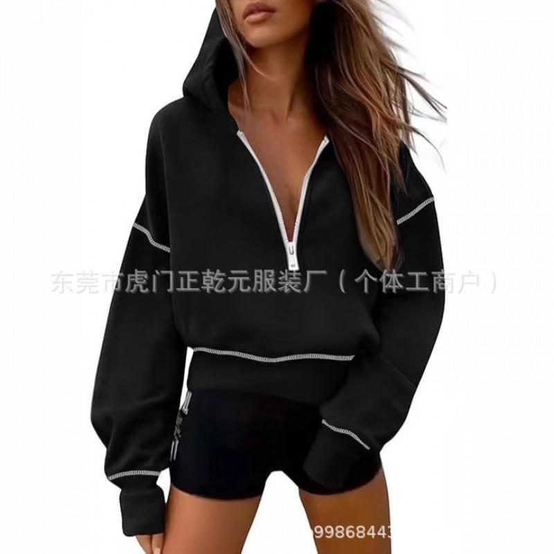 Womens Loose Fit Hooded Sweatshirt Casual Zip Up Solid Color Pullover