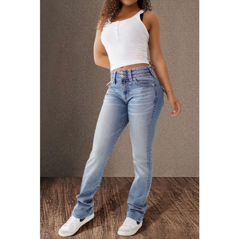 Damen Frühjahr Neue Doppelknopf Mid-Waist Straight Jeans Slim Temperament Hose