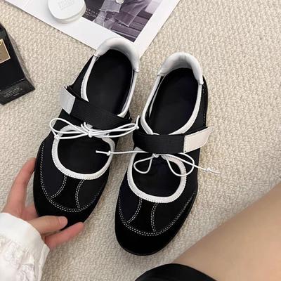 Cowhide Version~ Leather Color Matching Casual Light Mouth Mary Jane Shoes Women's Black Versatile Sports Style Platform Ballet Shoes