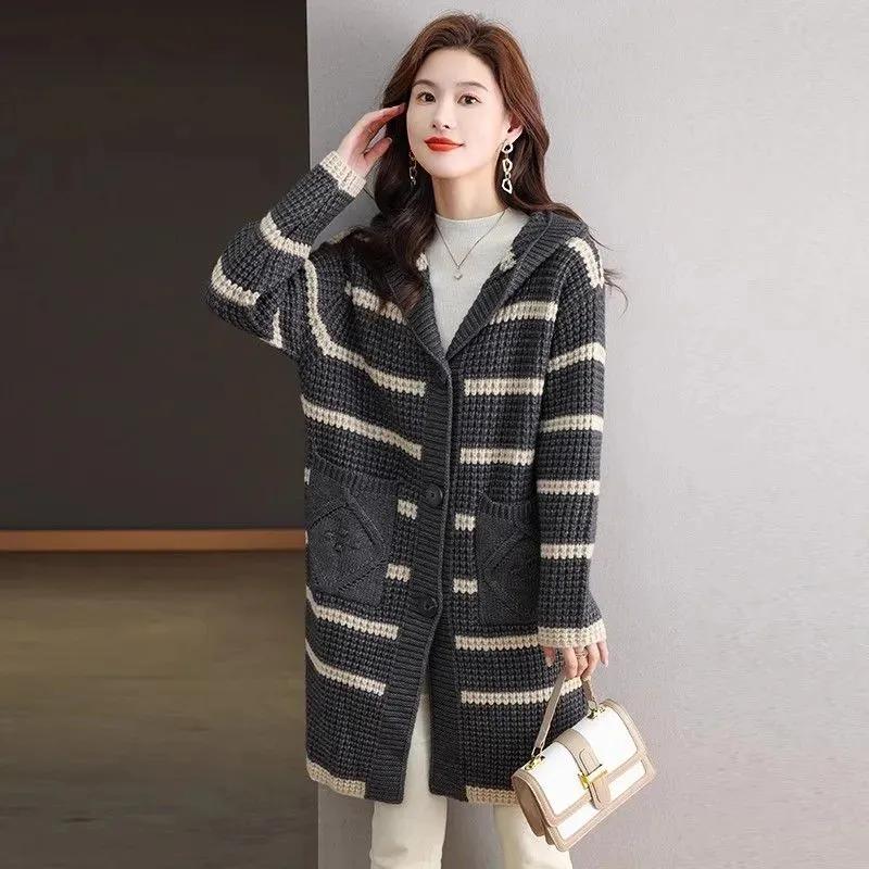 Autumn Hooded Thickened Mid-length Sweater Jacket Loose Striped Large Size Knitted Cardigan