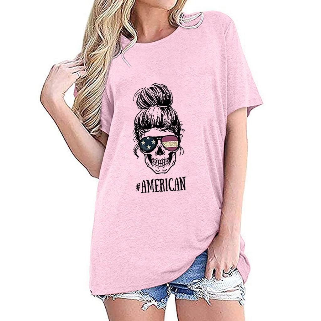 Frauen Casual Independence Day Druck Rundhals Lose Tops T-shirt Bluse