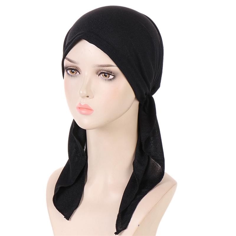 Ramadan Muslim Women Hijab Caps Solid Color Ladies Headscarf Soft Hijab Turban Bonnet Two Tail Bandana Hat Chemo Cap