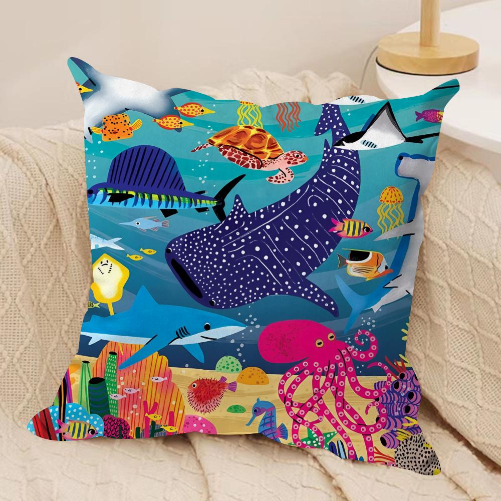 Marine Animals Summer Ins Cushion Cover Silky Short Plush Invisible Zipper Dustproof Sofa Pillow Case For Home Decor