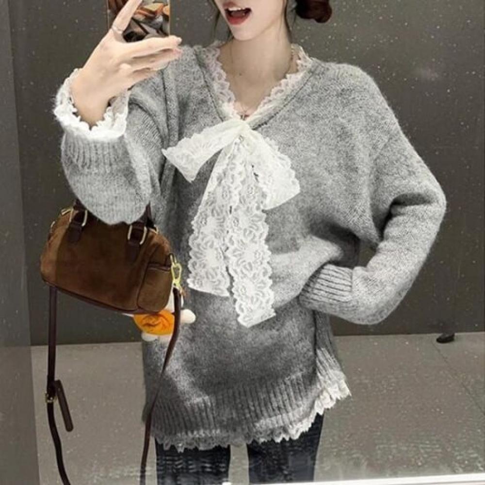 Navava Women Lovely Lace Ribbon Long Sleeve Knit Tee Nk2782