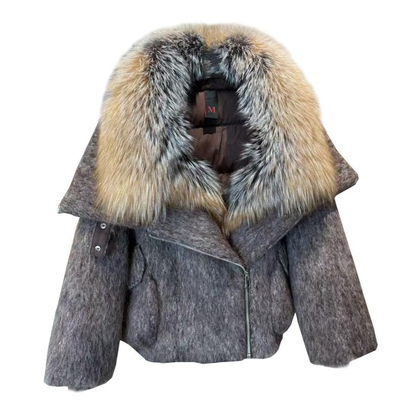 Womens 2026 Winter Goose Down Coat With Real Fox Fur Collar Loose Wool-Blend Puffer Short Jacket