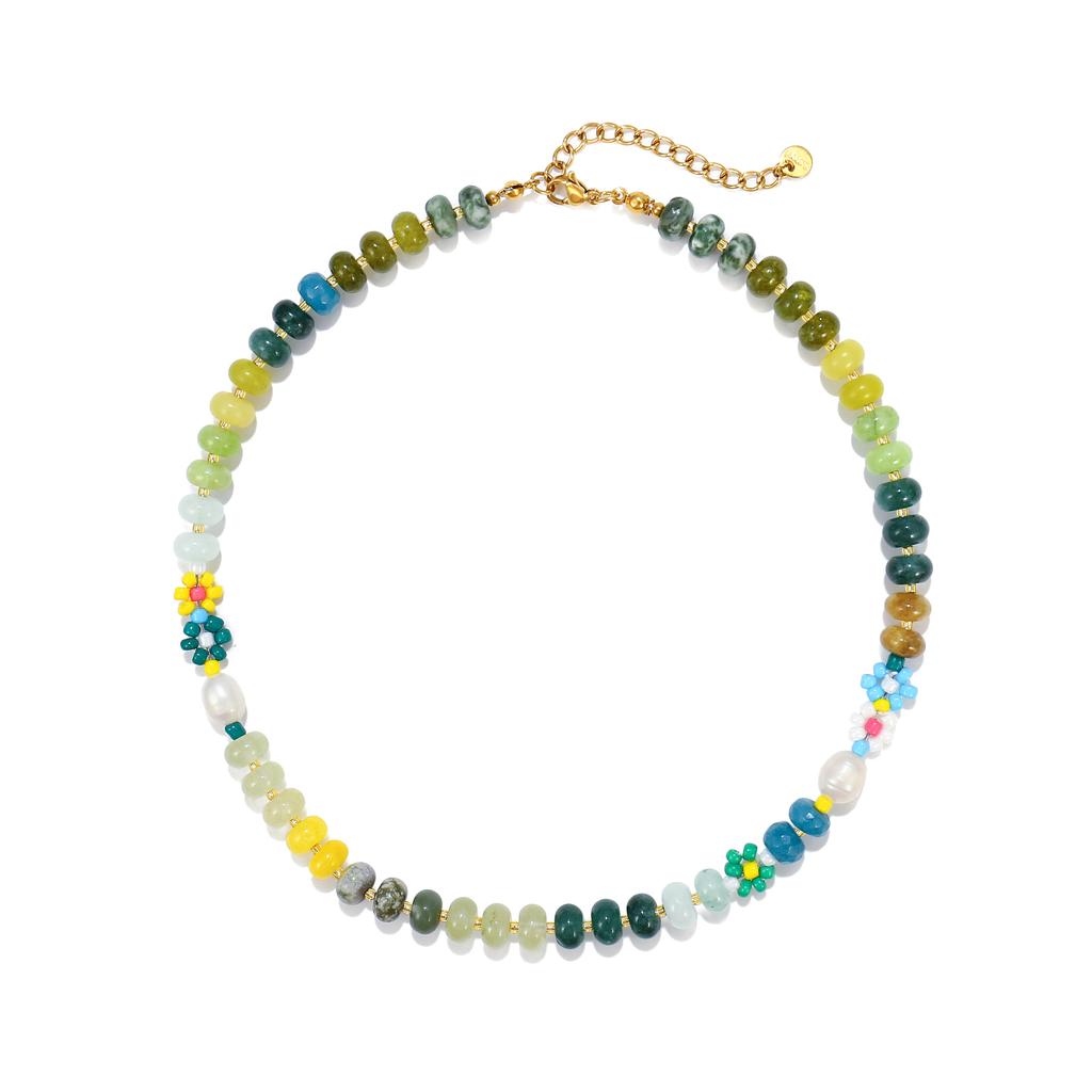 Women Colorful Natural Stone Handmade Beaded Flower Clavicle Necklace Beach Jewelry