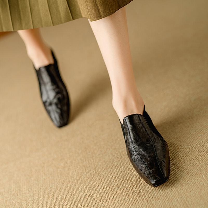 Fashion NEW Spring/Fall Women Loafers Genuine Leather Shoes for Women Square Toe Chunky Heel Shoes Retro Slip-on Women Pumps Black Shoes