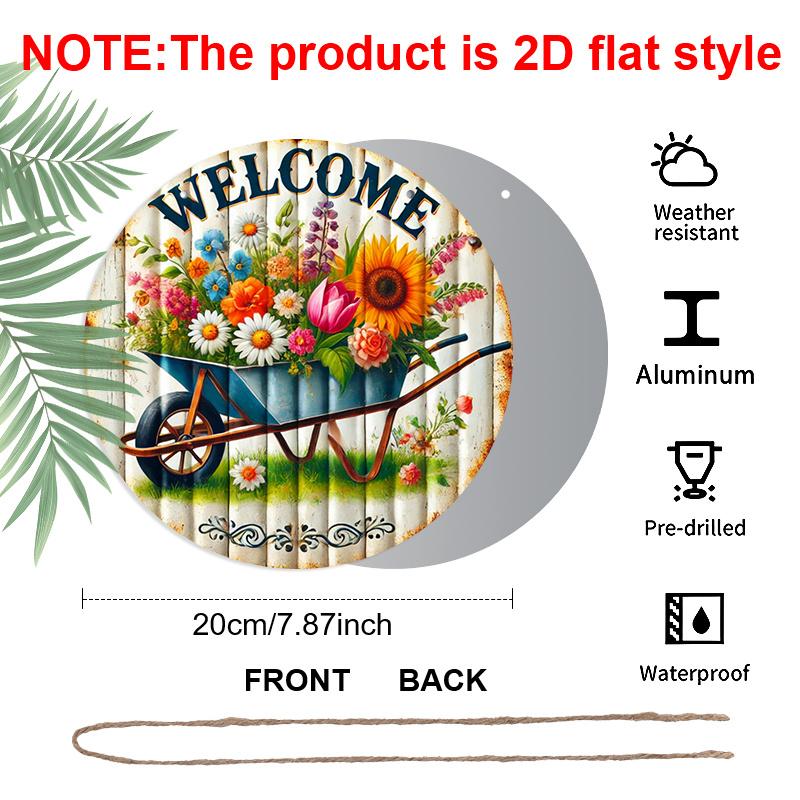 

2D Flat 1pc, 8x8 in, Rustic Garden Welcome Sign with Vintage Unicycle & Colorful Flowers - Durable Aluminum Metal Wall Art for Outdoor Patio, Garage 1pc