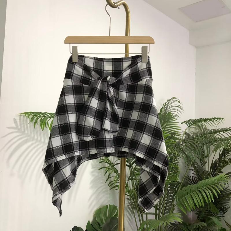 Elastic Waistband Plaid Irregular Skirt Short Skirt with Tie Up Bow Tie Sporty Street Dance Style for Women
