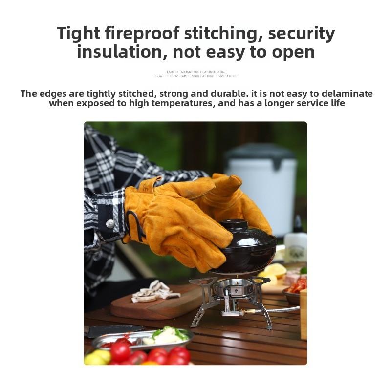 Heat-resistant and flame-retardant gloves, thickened cowhide high-temperature resistant welding leather gloves, durable camping protective gloves