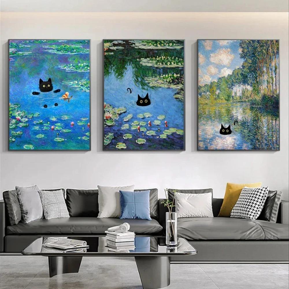 1pc Frameless Claude Monet Artworks Interesting Cute Black Cat Lotus Pond Poster Canvas Paintings for Living Room Home Decor