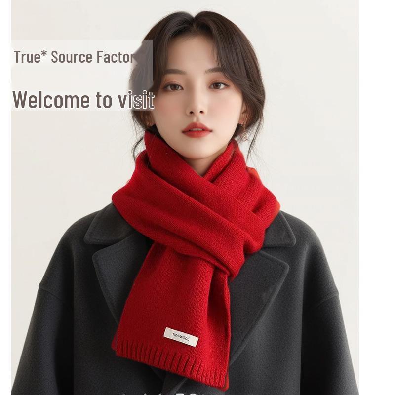 100% Wool Knit Cashmere-Style Scarf: Versatile Solid Color for Men and Women, Korean Winter Fashion