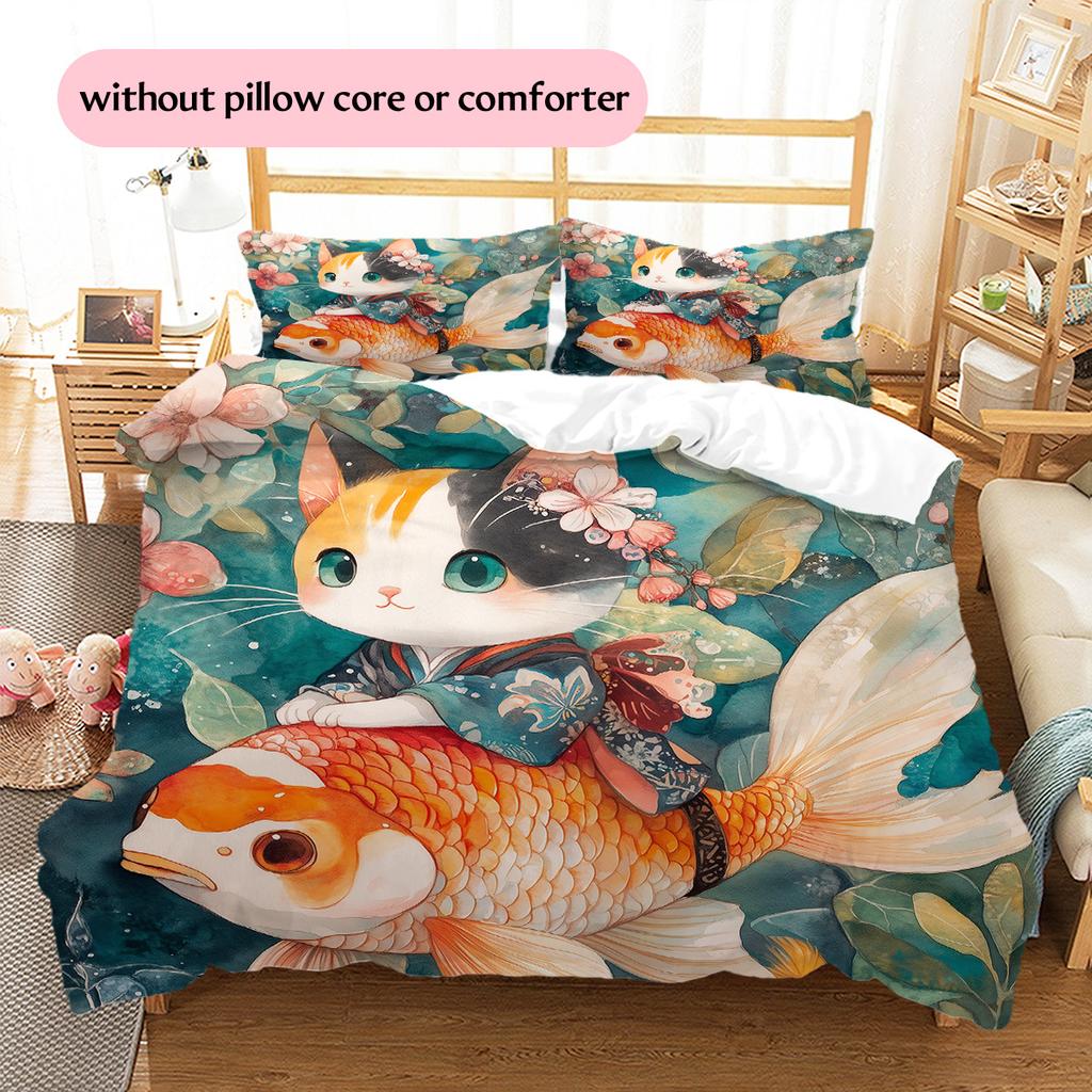 Cat and Fish Pattern Bedding Quilt Set Home Decoration Gift (1 * duvet cover + 2 * pillowcase without core)