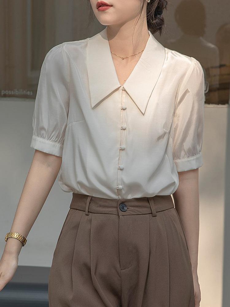 Elegant Ladies Shirts French White Shirt Female Short-sleeved Design Sense Niche V-neck Satin Blouse Summer Temperament Professional Commuter Shirt