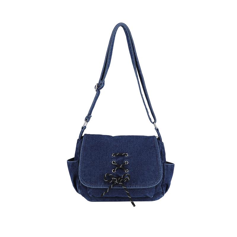 Korean Style Denim One-Shoulder Bag with Drawstring, Large Capacity Crossbody for School and Travel
