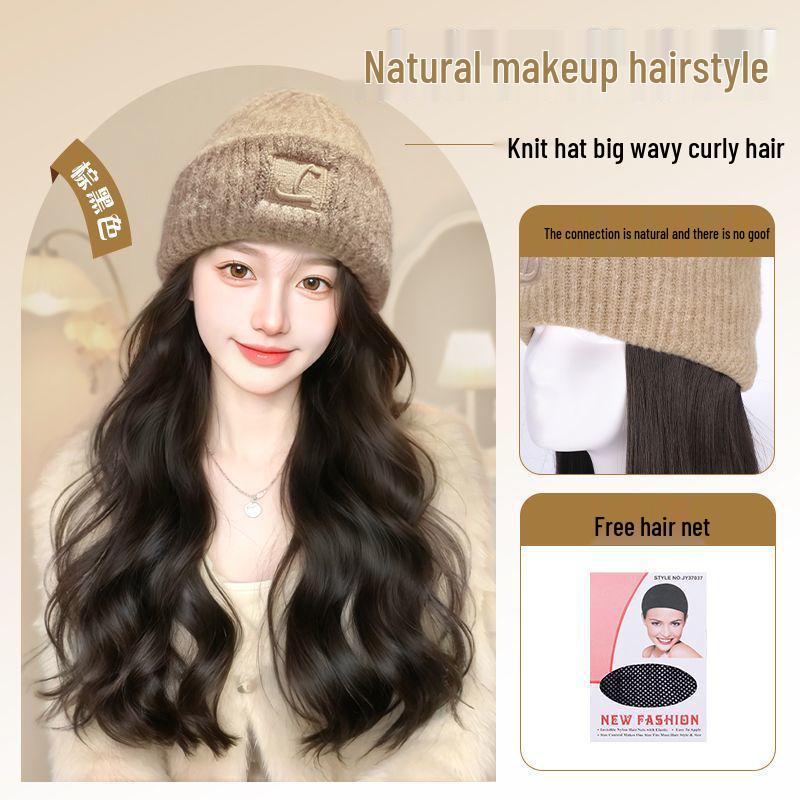 Women's Fashionable Knitted Wool Hat with Realistic Non-Detachable Wig for Autumn/Winter 2025