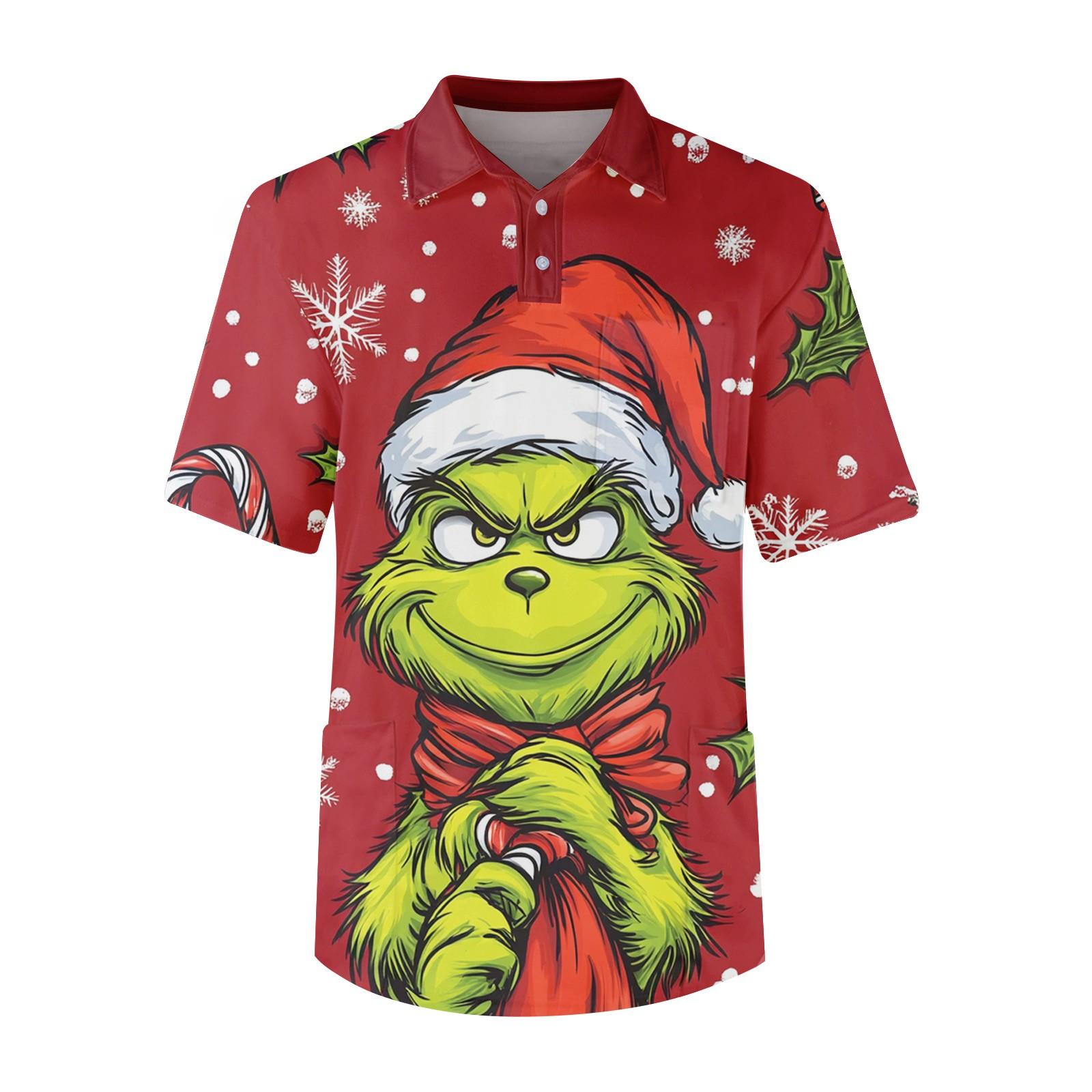 

Мужской топ с коротким рукавом, пуговицами, лацканами, рождественским принтом, нагрудным карманом, Dry-nurse L