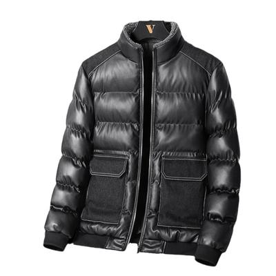 New Men's Thickened Cotton Coat, Young and Middle-aged Slim-fitting Stand-up Collar PU Leather Large Pocket Cotton Coat for Men Trendy