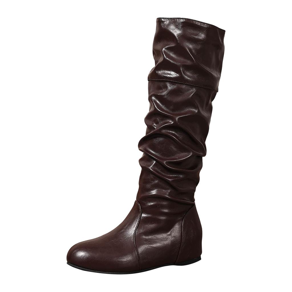 Damen kniehohe Keilstiefel Damen kniehohe Stiefel Runde Spitze Weite Wade zum Hineinschlüpfen Klobige Reitstiefel Für Schuhe Für Damen