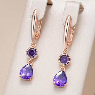 Shiny Purple Natural Zircon Long Dangle Earrings For Women  Rose Gold Color Vintage Ethnic Bride Daily Fine Jewelry