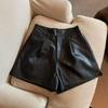Women Chic Fashion Side Pockets Black Faux Leather Shorts Vintage High Waist Zipper Fly Female Short Pants