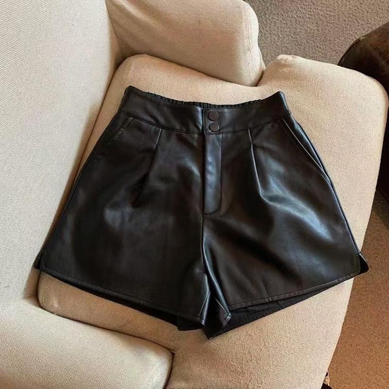 Women Chic Fashion Side Pockets Black Faux Leather Shorts Vintage High Waist Zipper Fly Female Short Pants
