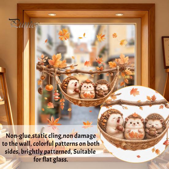 Seasonal Window Films 2Pcs Fall Maple Leaves Animals Static Stickers, Autumn Squirrel/Hedgehog/Rabbit/Raccoon Glass Removable Decor PVC Waterproof