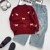Girls' 2025 Sweater and Jeans Set: Warm Autumn/Winter Knit Pullover with Bow.