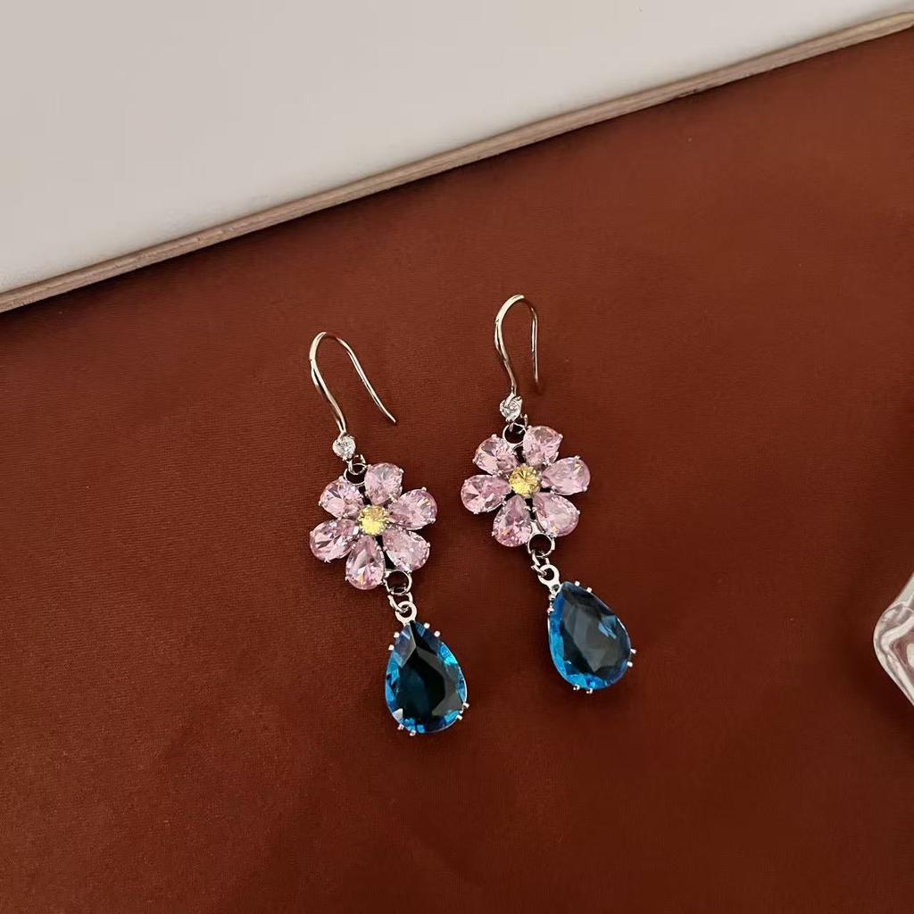 Super Flash Zircon Flower Water Drop Long Earrings Temperament Light Luxury Sweet Set Earrings