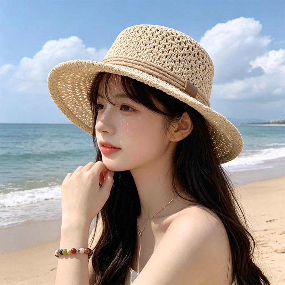 Casual Flat Top Hollow Out Hat Wide Brim Breathable Sun Hat Straw Woven Panama Cap Beach Outings